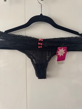 Black Lace Thong with Pink Bow Accents by